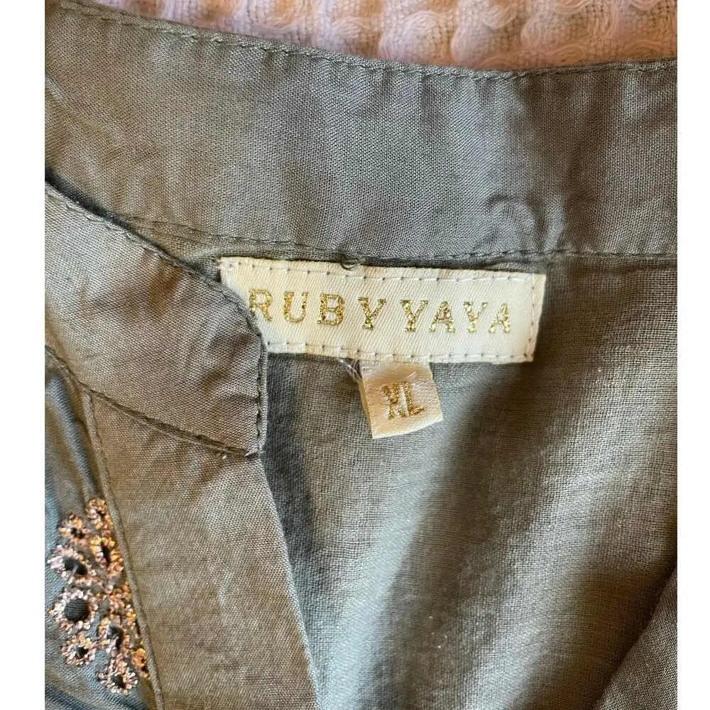 Ruby Yaya Boho Festival Style Green W/ Metallic Eyelet Long Sleeve Tunic XL - Picture 2 of 16